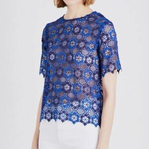 Sandro Paris Blue Sheer Crochet Lace Short Sleeve Top Blouse Shirt size 2 Medium